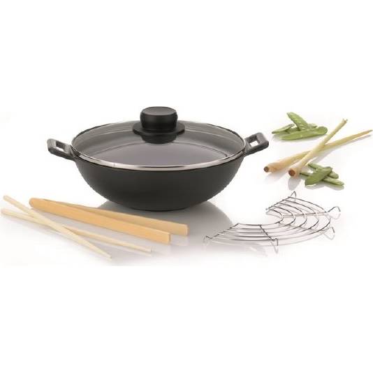 WOK set MINI 5-dílný litina, kov, sklo, dřevo